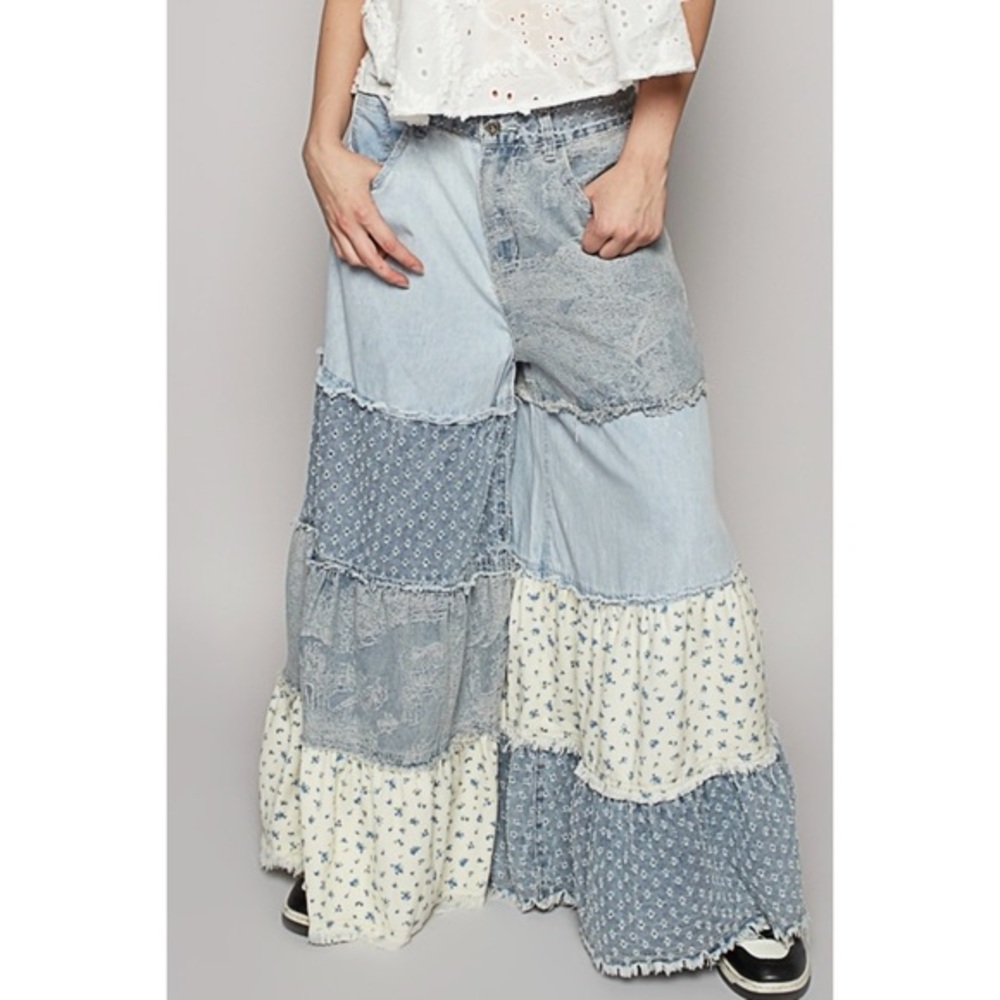Mixed Denim & Floral Tiered Ruffle Exaggerated Wide Leg Patchwork Jeans